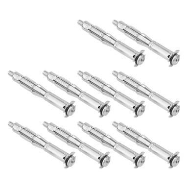 Tio Hard Head metallexpanders för dubbla gipsskivor är organiserade i två rader. De silverfärgade fästena ses från sidan, vilket framhäver gängorna och metallflänsarna. Detta set innehåller 10 delar.