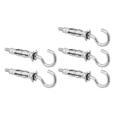 Fem hårda metallexpanders med C-krokar, säljs i ett paket om fem, är organiserade i två prydliga rader. Varje föremål består av en gängad bult, bricka och en expanderande hylsa designad för säker väggmontering.