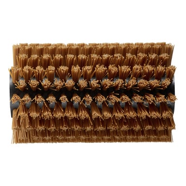 En närbild av Ryobi One+ Wood rengöringsborste för multi-brush RAC820, som visar dess cylindriska form med tätt grupperade, styva bruna borst uppradade runt en central svart kärna.