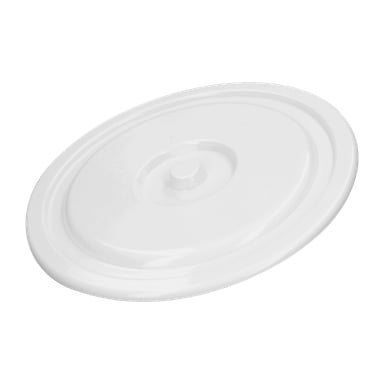 Ett runt vitt Menuett-plastlock, lämpligt för en 10 liters hink, har en något upphöjd mittpunkt och en platt ytterkant. Den ser ut att vara designad för att passa tätt på stora hinkar eller behållare.