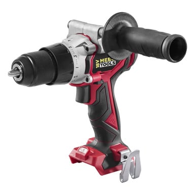 DD-18V WORK 700 borstlösa skruvmejsel från Meec Tools Multiseries är sladdlös, med svart sidohandtag, röd och svart kropp, silverfärgad chuck, en etikett där det står 18V och ett metallbältesklämma vid basen.