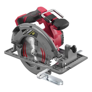 En batteridrevet sirkelsag fra Meec Tools Multiseries med rødt og svart håndtak, grå bladbeskytter og justerbar metallbase.