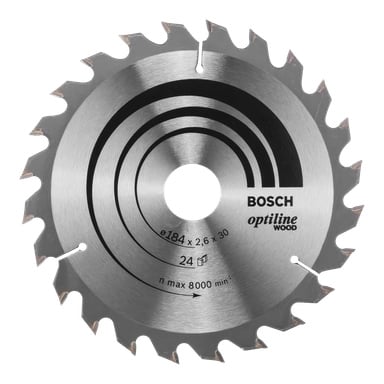Bosch Pro Saw Optiline Wood -terässä on 24 terävää hammasta, halkaisija 184 mm, paksuus 2,6 mm, halkaisija 30 mm ja maksiminopeus 8000 RPM.