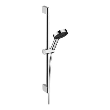 Hans Grohe duschset Pulsify Select S 105 3jet Relaxation EcoSmart visas med ett kromat handhållet duschmunstycke monterat på en slank justerbar skena och kopplat till en slang längst ner.