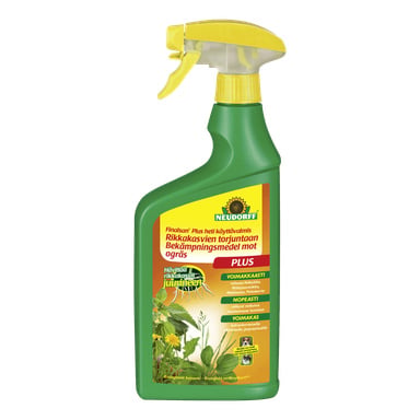 Vihreä-keltainen Neudorff Weed Spray Finalsan -pullo, jossa on keltainen liipaisimella ja värikäs etiketti, jossa näkyy rikkaruohoja ja ruohoa, korostaen sen rikkakasvien torjuntakykyä.