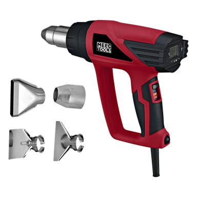 Rød og svart Meec Tools HG-W HOME 300 varmluftpistol med digital skjerm, håndtakkontroller og fire metalldyser vist i nærheten.