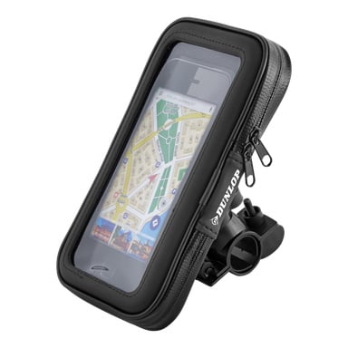 En svart Dunlop-cykelmobilväska med genomskinligt skydd och dragkedja fästs vid en styrklämma. Telefonen inuti visar en stadskarta. Designad för cykelbruk.