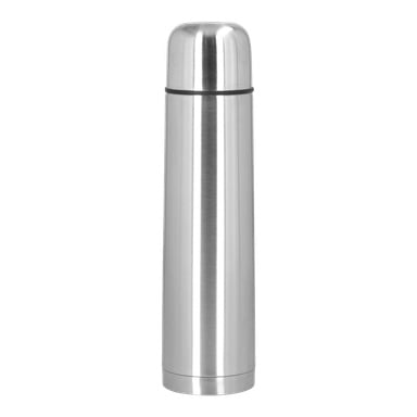 En hög, cylindrisk Kayoba Vacuum Flask med en blank rostfri stålutsida och ett rundat avtagbart lock visas stå upprätt.