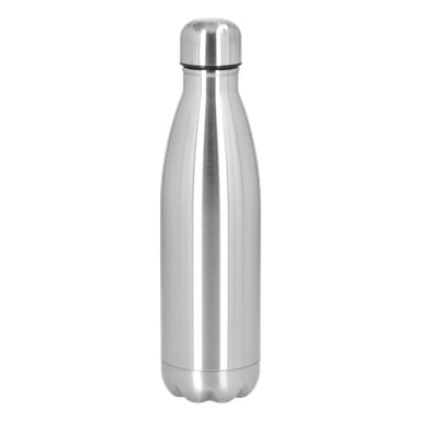 En Kayoba Steel-flaska med borstat metallutseende, tillverkad av rostfritt stål, har dubbelväggig isolering och ett skruvlock, placerat upprätt.