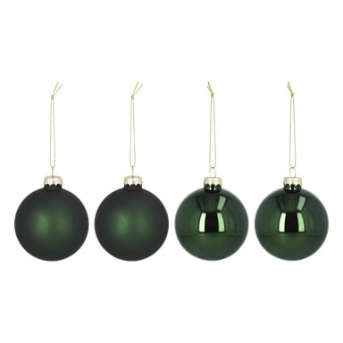 EKVIP Christmas tree balls 4-pack: fyra gröna prydnader med guldhattar och hängande snören—två matta till vänster, två blanka och reflekterande till höger, alla arrangerade i en rad.
