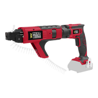 Röd och svart Batteridriven automatisk matningsskruvmejsel från Meec Tools Multiseries, med magasin för samlade skruvar, batterispår vid handtagets bas och ett bältesklämma.