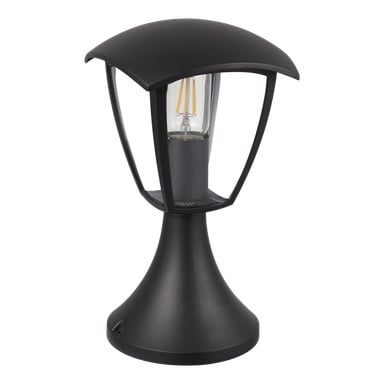 EKVIP-lyktstolpen är en slank, svart utomhusarmatur med modern design, med en böjd topp, transparenta glaspaneler runt en synlig LED-lampa och en bred, utvidgad bas.