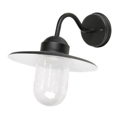 EKVIP Wall Lamp är tillverkad av svart metall och visar upp en bred, platt cirkulär skärm tillsammans med ett transparent glaslampshölje. Designad för utomhusbruk, monteras den på väggen på en rund basplatta och inkluderar en arm som fälls ut och böjs försiktigt nedåt.
