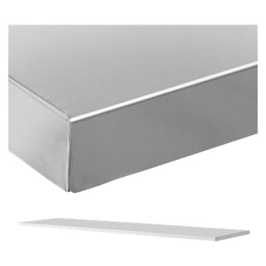 Närbild av Hard Head Worktop för ett verktygsskåp, som visar dess rektangulära borstade metallskiva med en solid, slät kant och tydligt hörn. Under arbetsytan finns en smal, platt metallremsa.