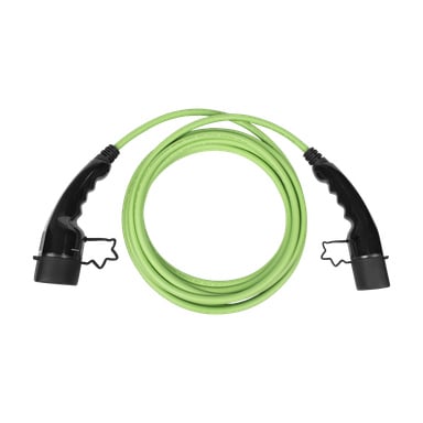 Kabel ładowania samochodów elektrycznych Blaupunkt Type 2, z zielonym kablem i czarnymi złączami na obu końcach.