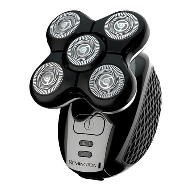 Remington Cordless rakhyvel för huvudet Ultimate Series XR1500 har fem cirkulära roterande blad, en strömbrytare och ett ergonomiskt grepphandtag. Färgen är svart och silver.