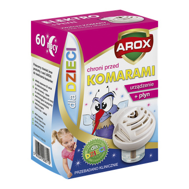 Pudełko Agrecol Mosquito Protection AROX KIDS z ilustracją komara oraz kompaktowym dyfuzorem elektrycznym z butelką do uzupełniania. Opakowanie podkreśla 60 nocy ochrony.