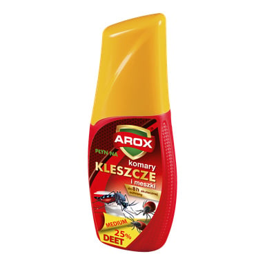Czerwono-żółta butelka Agrecol AROX Ant Killer z etykietą ilustrującą mrówki.