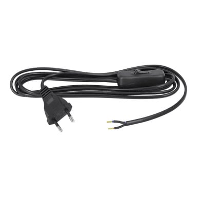 Ett svart Anslut-sladdset med en inline-switch inkluderar en europeisk stil kontakt och två exponerade trådspetsar. Kabeln är lindad för att hålla den organiserad.