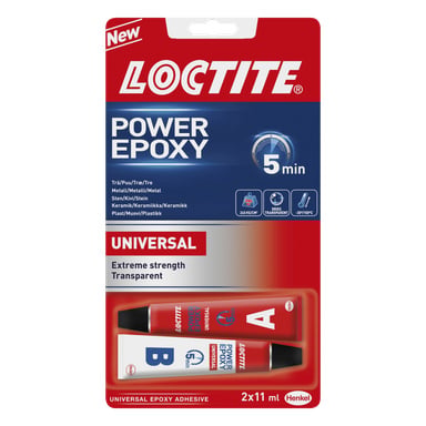Loctite Epoxy Power Epoxy Universal levereras med två 11 ml-rör märkta A och B. Förpackningen visar en 5-minuters festningstid, hög styrka, klar torkning och kompatibilitet med flera material. Henkels logotyp visas nere i högra hörnet.