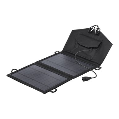 Kayoba Outdoor Folding Solar Cell Charger är delvis öppen och har en slank svart design med en fäst förvaringsficka och en ansluten strömkabel.