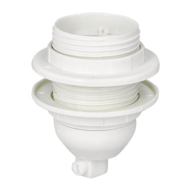 Vit plastsockel för Anslut-lampor med två cirkulära flänsar och en liten pip längst ner, designad för belysningsarmaturer.