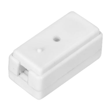 En kompakt, rektangulär vit plastkopplingsdosa med två hål på toppen och en öppen springa på ena sidan, lämplig för att hålla elektroniska komponenter.