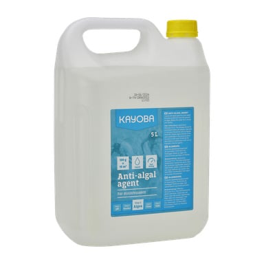 En 5-liters plastbehållare för Kayoba Alg för pooler med gul lock. Etiketten innehåller underhållsinstruktioner och blå grafik som visar att den är effektiv mot alger.