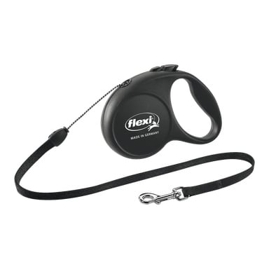 Ett svart Flexi Fun hundkoppel med ett infällbart tunt snöre, plasthandtag och metallspänne, som visar Flexi-logotypen och "Made in Germany" på produkten.