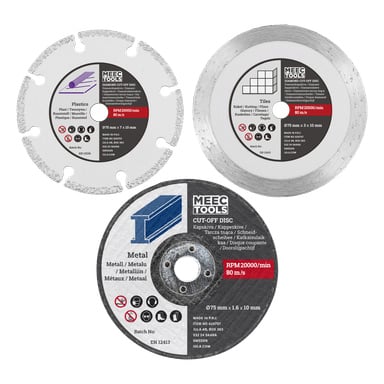 Tre Meec Tools skärskivor för plast, kakel och metall, var och en märkt med specifika instruktioner och specifikationer.