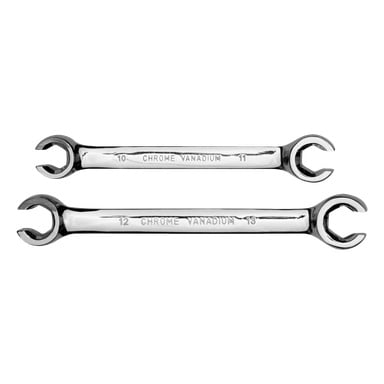 Två dubbeländade utbredningsmutterskiftnycklar från Meec Tools Flare Nut Spanner Set visas, var och en märkt med sina storlekar: 10 CHROME VANADIUM 11 på den ena och 12 CHROME VANADIUM 13 på den andra, med metriska mått.