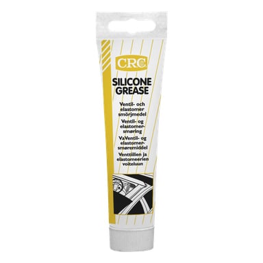 Ett övervägande vitt rör med gula detaljer, märkt CRC Silicone Grease, visar text som säger att det är ett smörjmedel för ventiler och elastomerer, med en svart illustration av en bildörr.