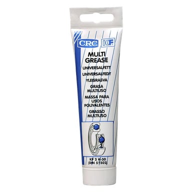 Ett vitt rör CRC Universal Grease Multipurpose Grease med blå detaljer. Det 80 gram tunga röret visar en enkel illustration av fett som appliceras på ett lager.