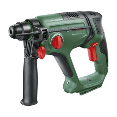 En Bosch Power 4 All UniversalHammer 18V borrmaskin i grönt och svart, med sidohandtag, röda kontrollrattar och avtryckare.