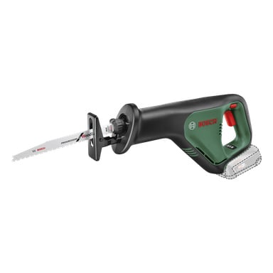 Bosch Power 4 All AdvancedRecip 18 V batteridriven bajonsåg med synligt blad, ergonomiskt svart och grönt handtag, avtryckare och ett markerat område som visar batteripackets fästpunkt.