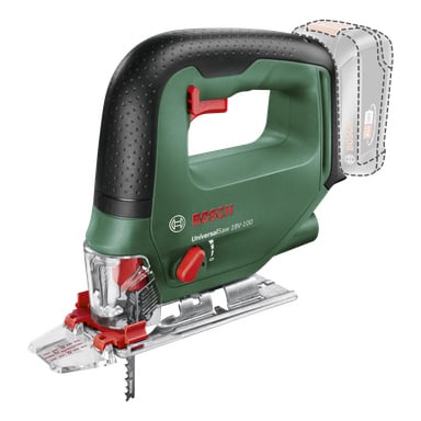 En Bosch Power 4 All UniversalSaw 18V-100 sladdlös sticksåg syns på bilden, med en grön och svart design med röda strömbrytare och justeringsrattar. Bakre batterifacket är öppet utan batteri insatt, och ett metallblad är fäst framtill.
