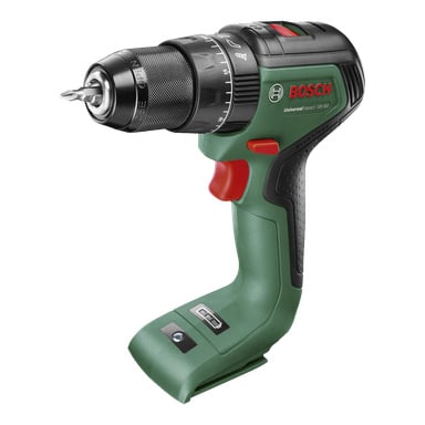 En grön Bosch Power 4 All Brushless Impact Screwdriver Universal Impact 18V-60 har svart handtag, rött avtryckare och en fäst borr. Basen är designad för ett batteripaket, med kontrollknappar placerade nära handtaget.