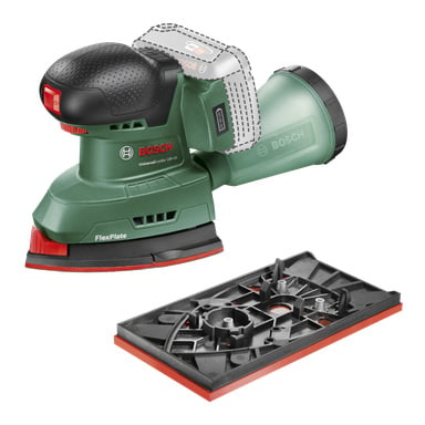 Bosch Power 4 All UniversalSander 18V-10 visas i grönt med ett rött och svart handtag, och visas utan batteri. Den avtagbara slipplattan placeras under slipmaskinen för att framhäva dess FlexPlate-funktionalitet.