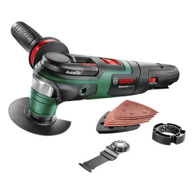 Bosch Power 4 All AdvancedMulti 18 V multiverktyg visas tillsammans med olika tillbehör och slipplattor. Verktyget har en grön och svart färgschema med röda höjdpunkter och synlig Bosch-märkning.