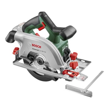 Bosch Power 4 All Battery-driven UniversalCirc 18V-53 cirkelsåg visas från sidan och framhäver dess gröna och svarta handtag, silverfärgade bladskydd, röda justeringsrattar och metallstyrsken.
