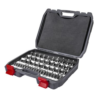 Meec Tools Router bit-sett med 50 deler vises i et åpent svart kabinett med røde låser, som pent viser hele utvalget av metallfräser.