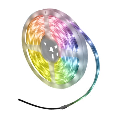 Anslut RGB-remsan LED Smart visar upp en delvis utrullad remsa som lyser upp med en livfull blandning av färger som rosa, gult, grönt och lila. En svart strömkabel är ansluten för användning.