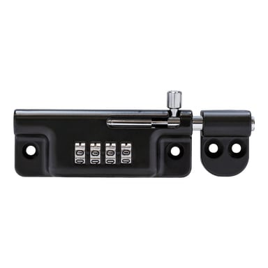 Ett svart ABUS Slide Bolt Combination Lock med skjutbult, fyra sifferrattar och monteringshål på varje sida för att fästa säkert på ytor.