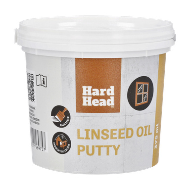En förseglad vit plastbehållare med Hard Head Linseed Oil Putty (375 ml) visar en orange och vit etikett med symboler som indikerar att den kan målas över och är lämplig för både inomhus- och utomhusbruk.