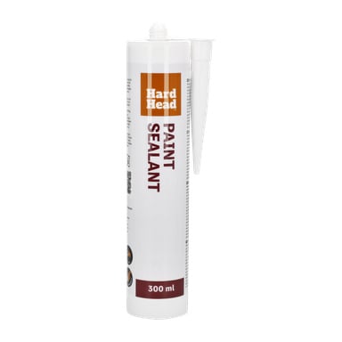 En 300 ml tub Hard Head Paint Sealant med ett spetsigt munstycke. Etiketten är mestadels vit, med orange och vinröda färger och text.