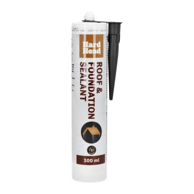 En 300 ml tub med Hard Head Roof and Foundation Sealant med svart munstycke. Dess vita etikett har brun och orange text samt en illustration av ett tak.
