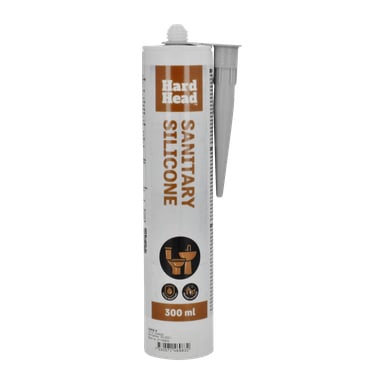 Ett grått 300 ml rör av Hard Head Sanitary Silicone med ett sidospetsmunstycke. Etiketten visar produktdetaljer och innehåller ikoner som visar att den är lämplig för användning i badrum och kök.