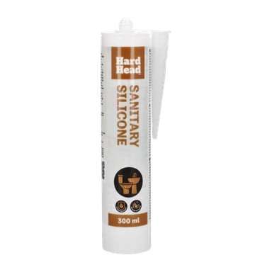Ett 300 ml Hard Head sanitetsrör med ett fastsatt munstycke, som visar ikoner för vattentäthet och badrumsanvändning, samt har orange och vita etiketter med text arrangerad både vertikalt och horisontellt.