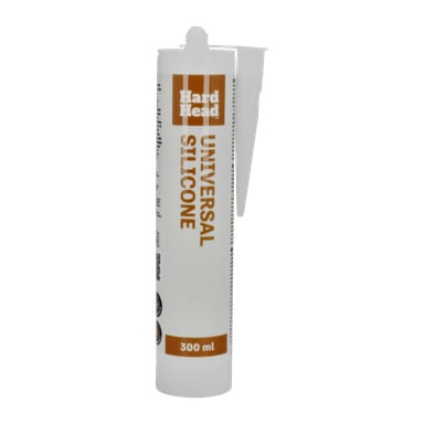 Ett 300 ml Hard Head Universal-silikonrör står upprätt med munstycket fäst. Det vita röret har orange och vita etiketter med "Universal silicone" och Hard Head-märket.