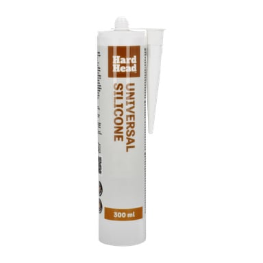 En 300 ml tub Hard Head Universal Silicone står upprätt med munstycket fastsatt. Förpackningen visar orange och svart text på en vit bas.
